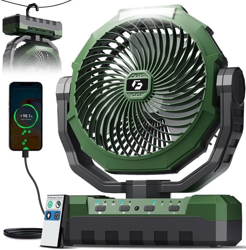 FRIZCOL 3-in-1 Camping Fan - Portable Fans Rechargeable - 24000mAh Battery Powered Fan(105Hrs) with Light & Remote for Indoor, Outdoor, Tent, Travel, Fishing, Jobsite, Gifts for Men Dad Him - Green - Image 1